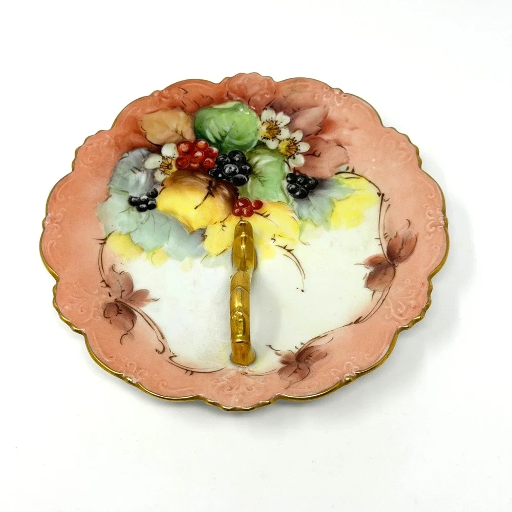 C Durflinger Handled Plate Hand Painted Fruit Porcelain Peach Gold 6.5 In